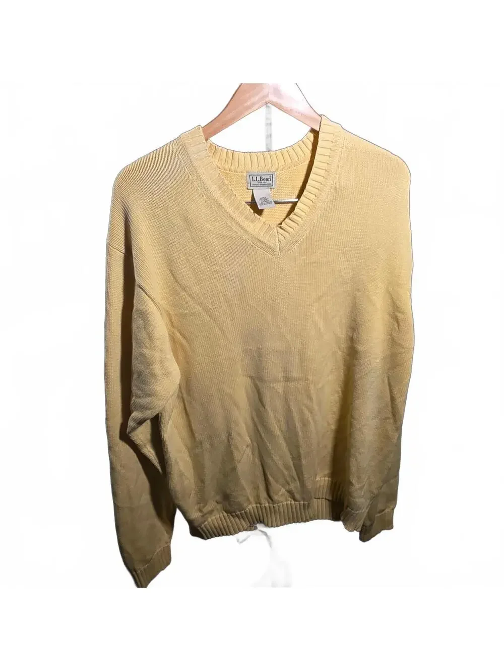 LL Bean V-Neck Pullover Sweater Yellow Cotton Size Large